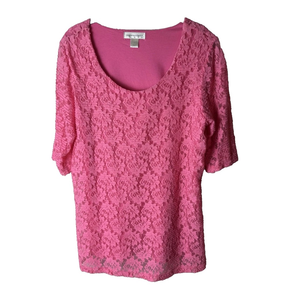 Christopher & Banks Top Size Large Short Elbow Length Sleeves Lined Bodice Pink